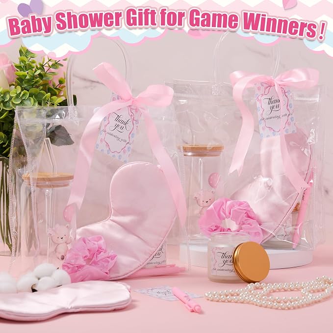 Reallnaive 43 Pcs Baby Shower Prizes for Player Winner Wedding Bridal Shower Favor Gifts Including Glass Cups Aromatherapy Candle Eye Mask Hair Band Greeting Card Pen Ribbon Gift Bag(Bear Style,Pink)