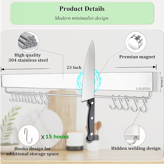 Magnetic Knife Holder for wall, 23 Inch Knife Magnetic Strip with 15 Hooks, Stainless Steel Knife Holder Magnet Rack for Kitchen Organizer, Mount with Adhesive or Screws