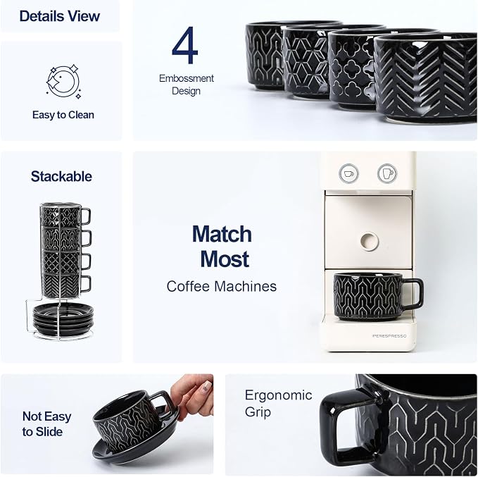 Sureasy 4 Ounce Ceramic Espresso Cups Set of 4 - Stackable Demitasse Cups with Saucers & Metal Stand, Coffee Cups for Latte, Tea, Dishwasher & Oven Safe, Black