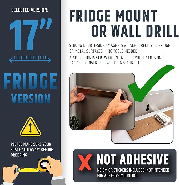 17" Premium Magnetic Knife Holder for Refrigerator (Double-Sided Heavy-Duty Magnets) - Upgraded Strip for Strong Fridge Mount - Clear Up Counter Space - 304 Anti-Rust Stainless Steel (Upgraded Design)