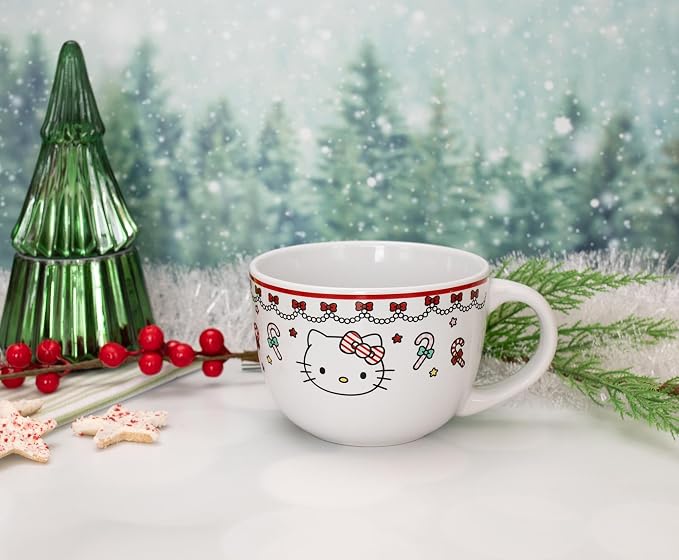 Silver Buffalo Sanrio Hello Kitty Christmas Holiday Candy Cane Ceramic Soup Mug, 24 Ounces