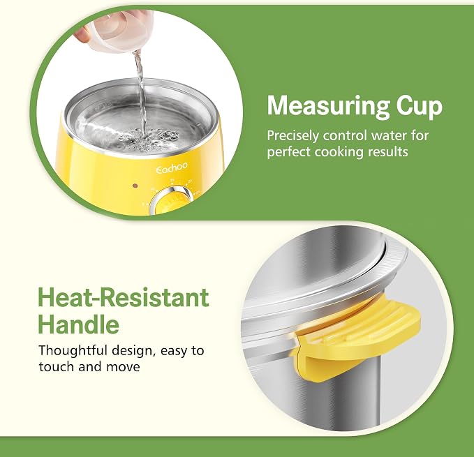 CACHOO Hard Boiled Egg Cooker, Stainless Steel Egg Boiler with 30-Min Timer | 14 Eggs, Auto Shut Off & Dishwasher Safe, Compact Electric Vegetable Steamer for Cooking, Yellow