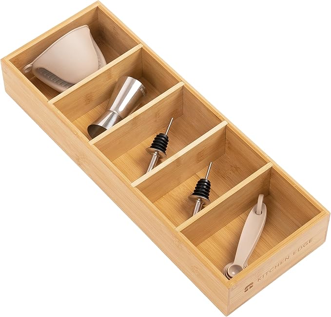 KitchenEdge Premium Kitchen Utensils and Junk Drawer Organizer – Small 5-Compartment Design with 4 Removable Dividers, Non-Slip Feet, 100% Sustainable Bamboo
