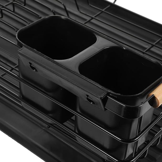 Lurrose Metal Dish Drying Rack with Drainboard and Utensil Holder, Large Capacity Kitchen Countertop Bowl and Plate Drainer Organizer Over Sink Use, Black Iron Multifunctional Storage