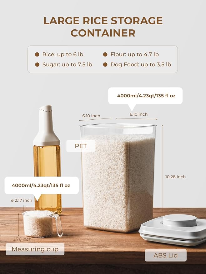 Airtight Food Storage Containers with Lid, 4-Pack 4.22Qt Large Stackable Pantry Organizers with Measuring Scoops, BPA-Free Containers for Rice, Flour, Baking Supplies, Snacks & Laundry Pods