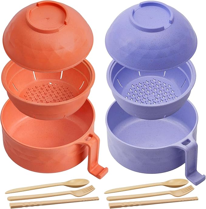 2 Sets Microwave Ramen Bowl 40 oz Wheat Fiber Portable Instant Noodle Cooker Bowl with Handles Strainer Spoon Chopstick Fork College Dorm Room Apartment Essentials(Purple,Orange)