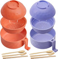 2 Sets Microwave Ramen Bowl 40 oz Wheat Fiber Portable Instant Noodle Cooker Bowl with Handles Strainer Spoon Chopstick Fork College Dorm Room Apartment Essentials(Purple,Orange)