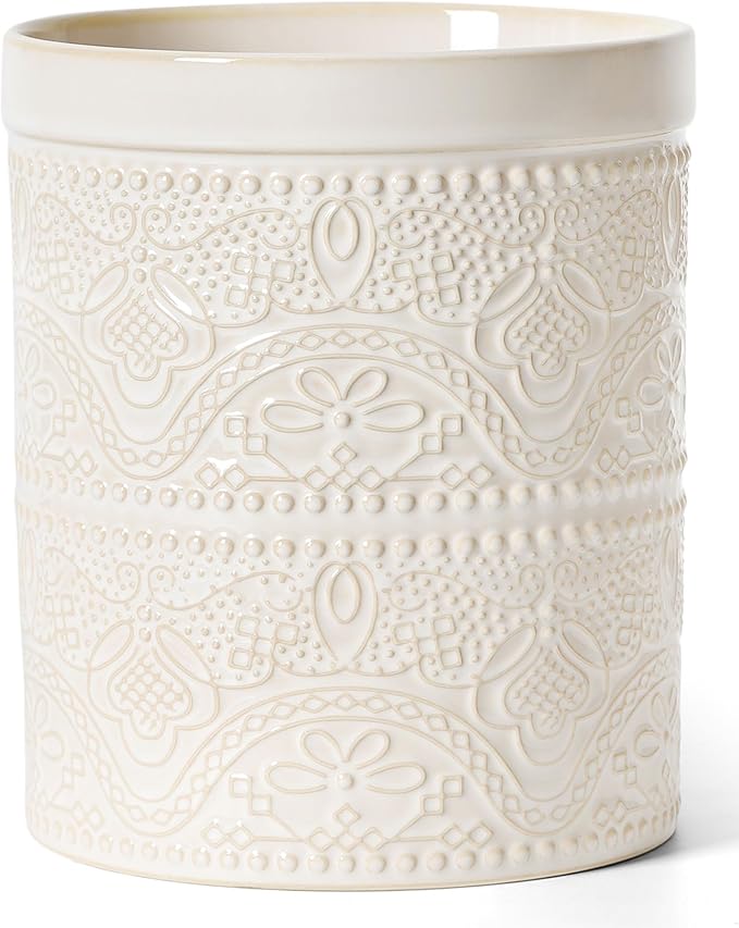 FUN ELEMENTS Kitchen Utensil Holder, 7.2" Super Large Utensil Crock Heavy and Stable Lace Emboss Ceramic Utensil Holder for Kitchen Counter (Lace Emboss)