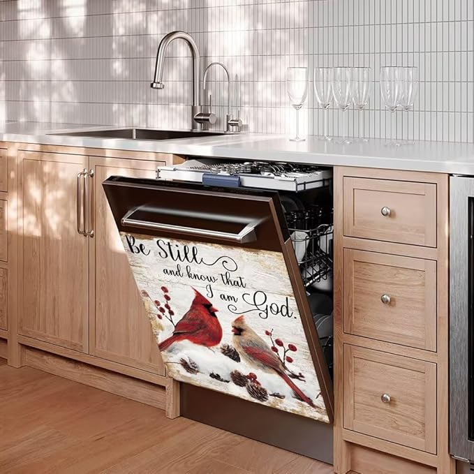 Red Hummingbird Dishwasher Magnet Cover,Winter Snow Scene Dishwasher Magnetic Sticker,Pine Cone Refrigerator Panel Decal,Wood Grain Washing Machine Front Door Magnetic Decoration,23"x26"