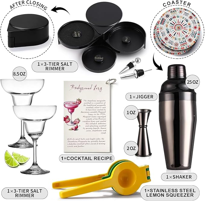 Margarita Kit - Set of 2 Margarita Glasses (8.5oz), 3-Tier Salt Rimmer, Stainless Cocktail Shaker & Jigger, Coasters，Cocktails Cards，Citrus Squeezer and More - Margarita Kit Gift Set