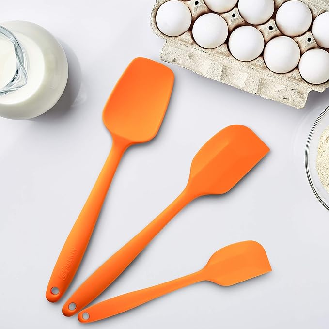 Silicone Spatula 3‑Piece Set Heat Resistant 600°F Non‑Stick Rubber Spatulas with Stainless Steel Core ALLWIN HOUSEWARE Large Spatula, Spoonula & Mini Spatula for Cooking & Baking, Orange