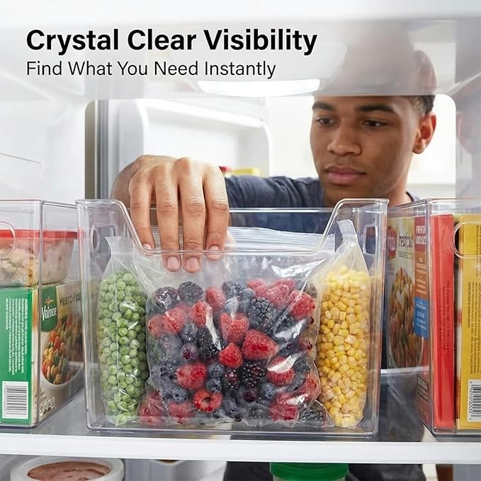 Crystal Clear Freezer Storage Bins, Clear Plastic Organizer Bins with Handles, Stackable Freezer Refrigerator and Pantry Storage Containers for Frozen Food, Meat, Vegetables, Meals and Snacks (8 pack)