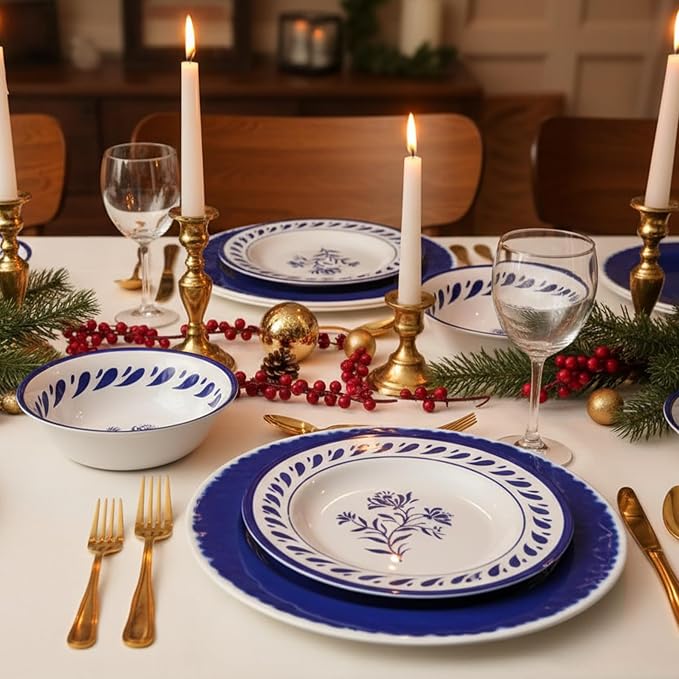 Blue Melamine Dinnerware Sets,12-Piece Plates and Bowls Set for 4,Coastal Farmhouse Style Dish Sets,Chip Resistant & Dishwasher Safe,Dark Indigo Vintage Pattern for Outdoor Patio Everyday Use