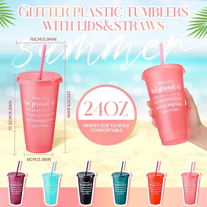 Dandat 36 Pcs Employee Appreciation Gifts Bulk 24 oz Thank You Cups Gift for Nurse Coworker Team Staff Teacher Inspirational Plastic Tumblers with Lids Straws (Dark Color)