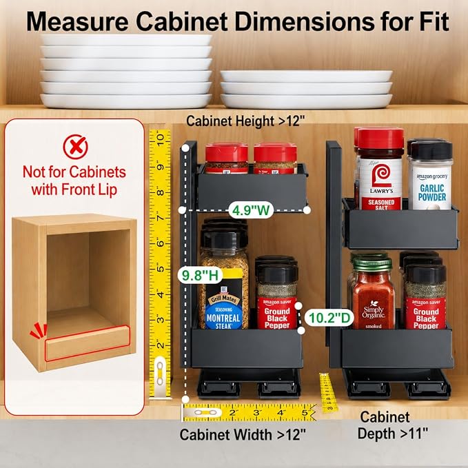 iSPECLE Vertical Spice Rack Pull Out - 1 Pack Rotate No-Drill Slide Out Spice Rack for Cabinet Swivel Easy Access Spices, Adjust Height for 4oz to 8oz Spice Jars Inside Kitchen Pantry Cabinet, Black
