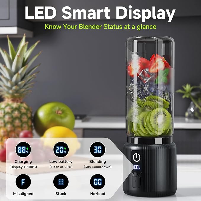COKUNST Portable Blender, Small Smoothie & Shake Maker with 8 Blades, USB C Rechargeable Personal Blender with LED Display, Compact Juice Mixer with Lid for Travel, Office, Gym, Home, 17oz, Black