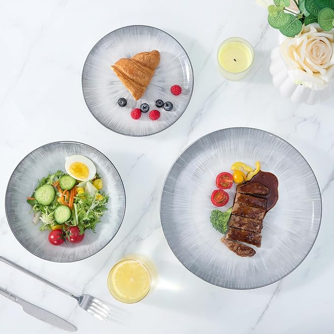 Bestone Porcelain Dinnerware Sets Service for 4, 12 pcs Hand drawn Plates and Bowls Sets, Handmade Ceramic Dish Set, Chip Resistant Modern Plate Set, Dishwasher/Microwave Safe，Gray
