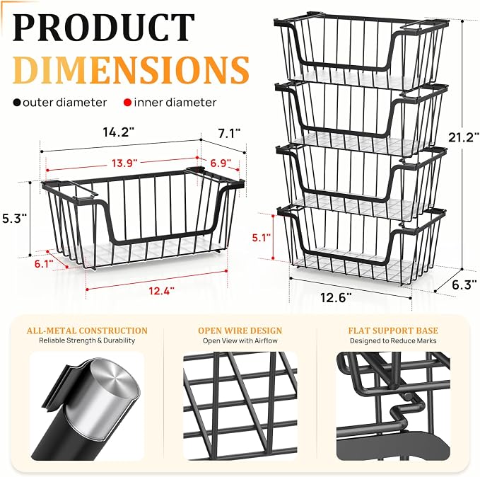 SUNALLY Stackable Storage Bins 6 Pcs Wire Baskets for Pantry Organizers and Storage, Vegetable Fruit Storage Basket for Countertop Organizer,Kitchen Storage Baskets for Onion Potato Snack,Black