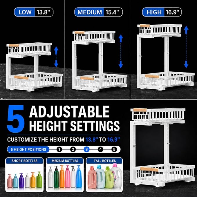 𝐆ee𝐁om Under Sink Organizer, Pull Out Kitchen Storage Cabinet Organizer, 2-Tier Metal Slide Out Shelf for Bathroom Laundry Kitchen Storage with Drawers, 11.8"W x 15.9"D x 13.8-16.9"H, White, 2 Pack