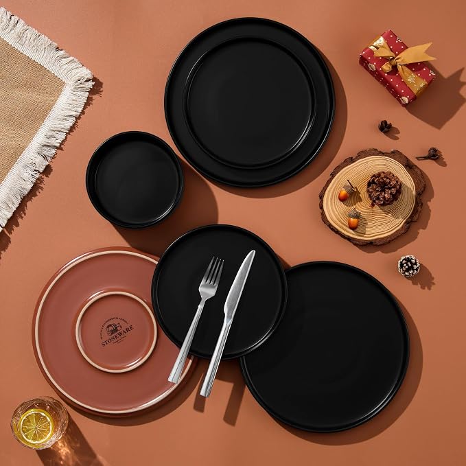LIANYU 24 Piece Dinnerware Sets for 8, Modern Style Stoneware Dinnerware Set, Scratch Resistant, Dishwasher Safe Bowl and Plate Sets, Ceramic Dish Dinner Set, Charcoal Black