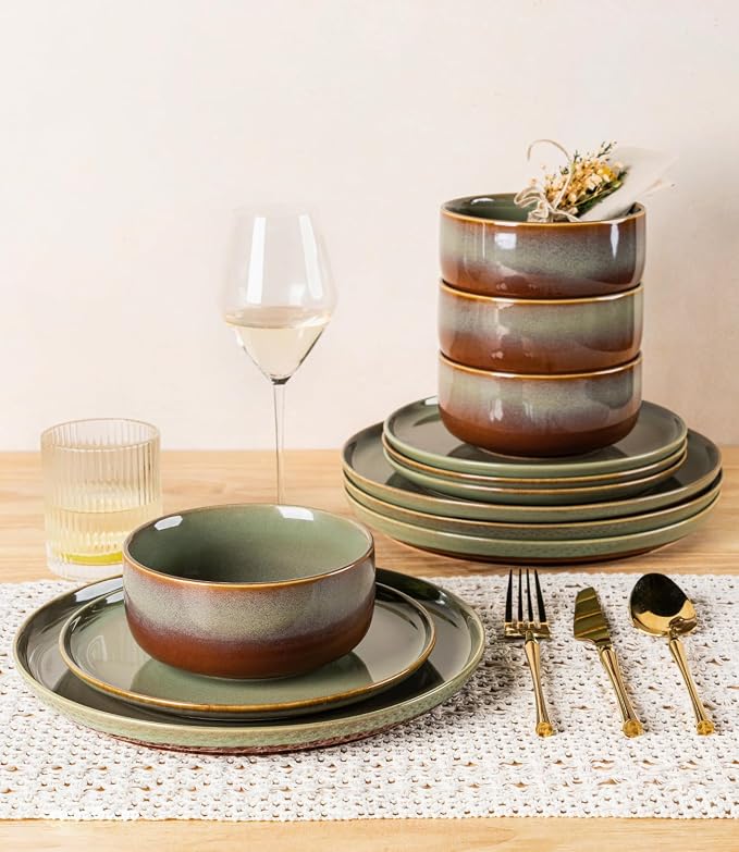 TheTerra Ceramic Dinnerware Sets for 4, 12 Pieces Handmade Reactive Glaze Plates and Bowls Set, Scratch Resistant Dish Set, Oven & Microwave & Dishwasher Safe, Sage Umber | Handmade Reactive Glaze, Scratch Resistant, Oven & Microwave & Dishwasher Safe,...