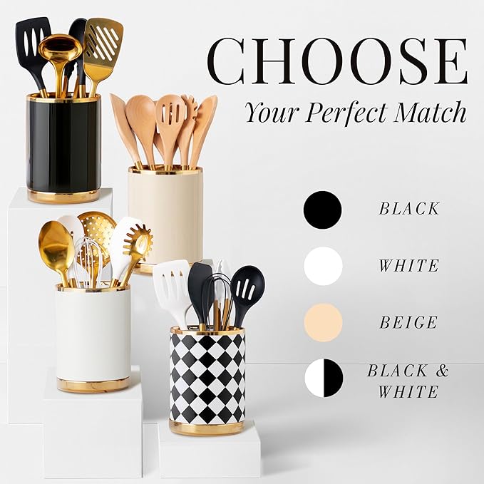 STYLED SETTINGS Black & White Checkered Utensil Holder Set – Large Ceramic Kitchen Utensil Holder for Countertop with Gold Spoon Rest – Stylish Checkered Kitchen Decor & Organizer