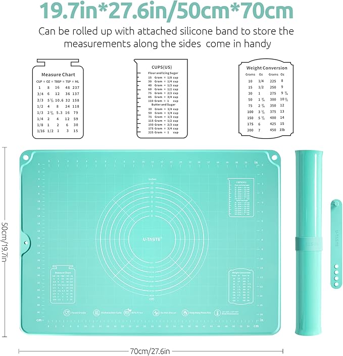 U-Taste 28"x20" Large Food-Grade Liquid Silicone Pastry Mat and 3oz 6oz Small Storage Containers Food Grade Liquid-Silicone Freezer Box Set of 4 (Aqua Sky)