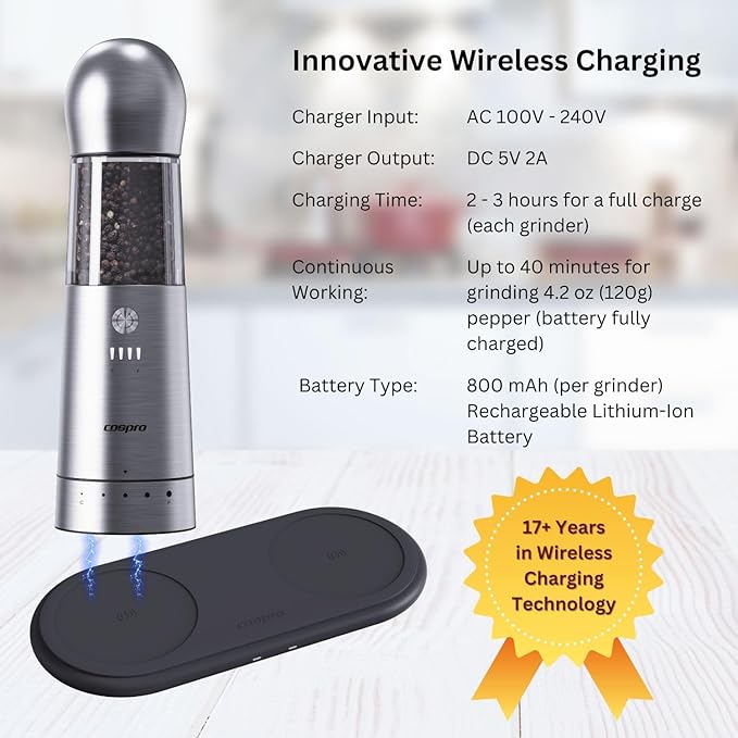 COSPRO Electric Salt and Pepper Grinder Set of 2 – Rechargeable Stainless Steel Mills with Qi-Wireless Charging Base | One-Hand Operation | Adjustable Coarseness | Easy Clean | Automatic Spice Grinder