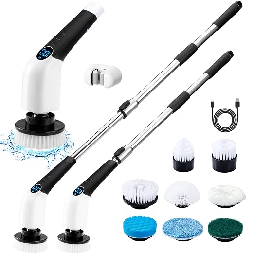 ADDPLUS Electric Spin Scrubber, Cordless Cleaning Brush Power Shower Scrubber Long Handle Extendable Handheld & Farberware Professional Heat Resistant Nylon Meat and Potato Masher
