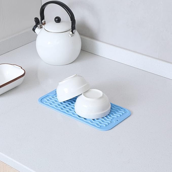 MicoYang Silicone Dish Drying Mat for Multiple Usage,Easy clean,Eco-friendly,Heat-resistant Silicone Mat for Kitchen Counter or Sink,Refrigerator or Drawer Liner Light Blue S 12 inches x 6 inches
