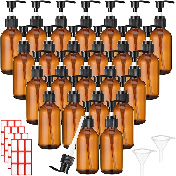 Tanlade 24 Pcs Glass Pump Bottle Dispenser 4 oz Travel Bottles with Pump Refillable Glass Containers for Toiletries Lotion Liquid Soap Shampoo Essential Oils Cosmetic Travel Accessories (Amber)