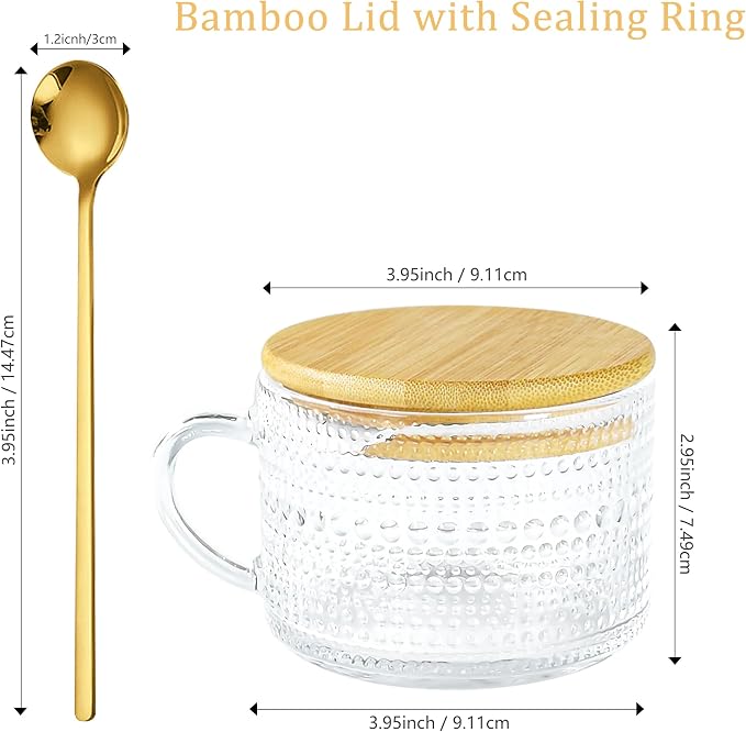 14oz Glass Mugs with Lid Handle Spoon Vintage Iced Coffee Mug of 4 | Embossed Vintage Hobnail, Non-slip, Ergonomic Handle, Dustproof, Sealed Bamboo Lid for Beverage Family Breakfast Oats Yogurt