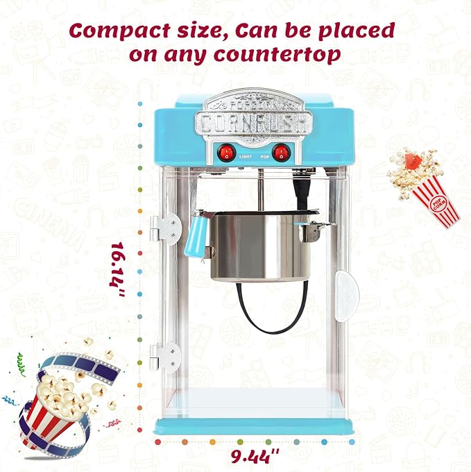 Popcorn Popper Machine-4 OZ Vintage Professional Popcorn Maker Theater Style with Nonstick Kettle Warming Light and Serving Scoop. (Blue)