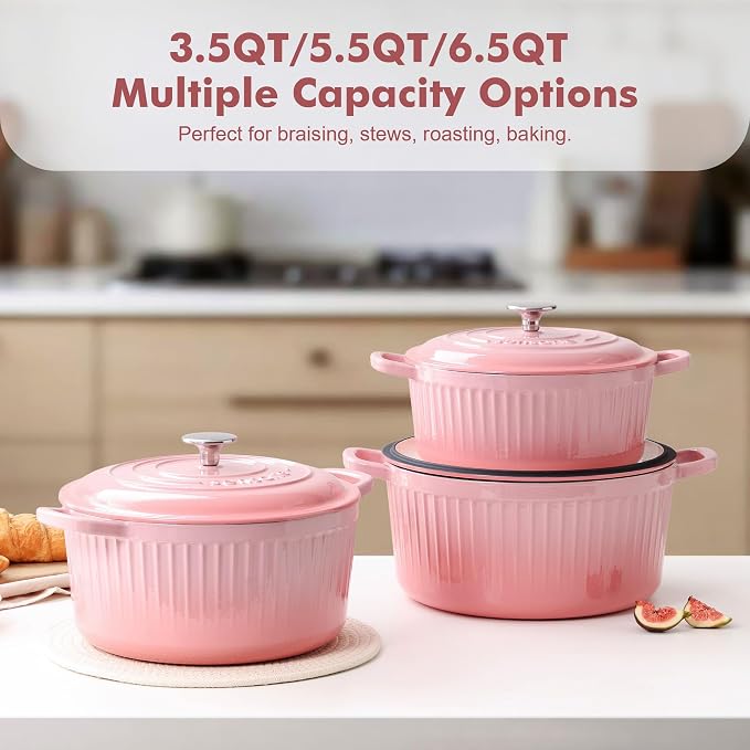 SENSARTE Enameled Cast Iron Dutch Oven Pot with Lid 3.5/5.5/6.5 Quart Heavy-Duty Round Dual Handles Kitchen Pot with Cotton Potholders & Silicone Trivet, Pot for Bread Baking, Stews, Braising, Roasting, Oven Safe, 3.5 Quart, Pink