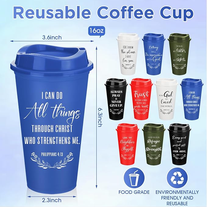 Skylety 20 Pack Bulk Christian Gifts for Men Women 16oz Reusable Bible Verse Tumbler Plastic Coffee Cup with Lid Inspirational Religious Church Gift for Teacher Graduation Party Favor (Bold Color)