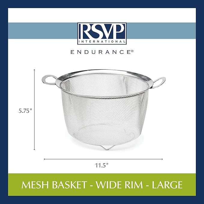 RSVP International Endurance Kitchen Collection Stainless Steel Mesh Strainer, 6 Quart, Wide Rim