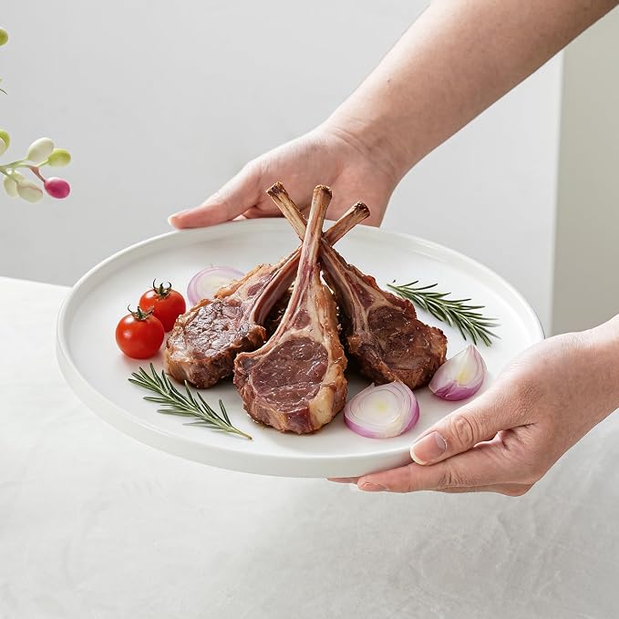 Ceramic Dinner Plates, 10.25 Inch, Set for 4, Modern White | Flat Dish Design, Microwave & Dishwasher Safe, Perfect for Family and Entertaining, For Steak, Sandwiches, Pizza, Pasta
