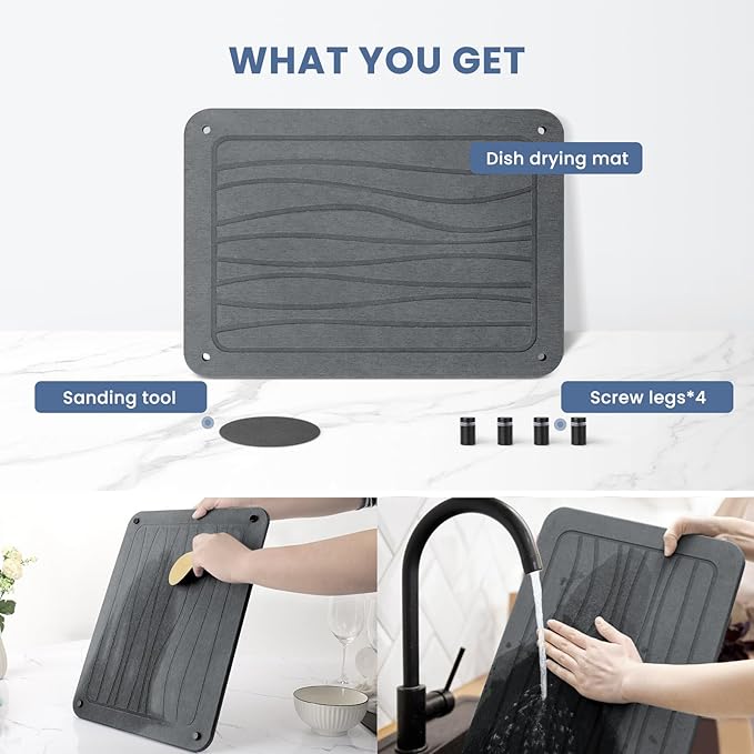 Stone Dish Drying Mats for Kitchen Counter 15.7"x 11.8" Quick Dry Stone Drying Mat Super Absorbent Diatomaceous Earth Drying Mat with 4 Non-Slip Stainless Steel Feet for Dishes&Cups Dark Grey