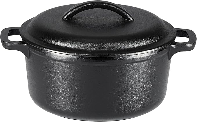 Amazon Basics Round Pre-Seasoned Cast Iron Mini Dutch Oven Pot with Lid and Dual Handles, 2-Quart, Black