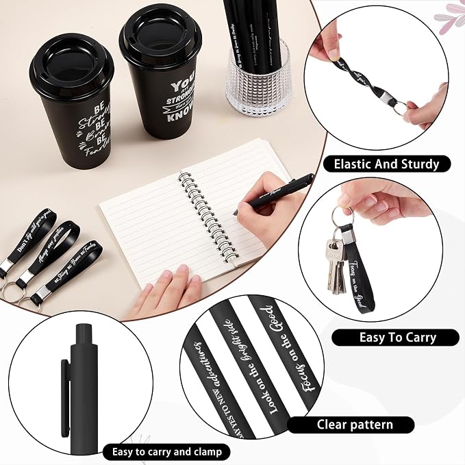 Skylety 12 Sets/48 Pcs Employee Appreciation Gift Baskets Bulk 16oz Inspirational Coffee Cup with Spiral Notebook, Pen & Keychain, Thank You Gifts for Staff, Teacher,Coworker, Team (Black)