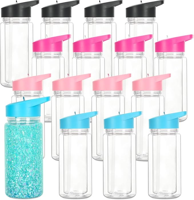 16 Pack 10 Oz Plastic Snow Globe Tumbler for Kids with Pre-Drilled Hole and Plug, Leak Proof Double Wall Snow Globe Sports Water Bottle with Portable Handle for Glitter DIY Gift, Mixed Color