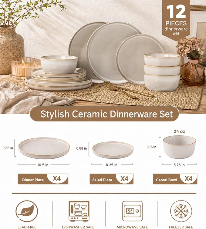 GBHOME Ceramic Dinnerware Sets for 4, 12 Pieces Stoneware Plates and Bowls Sets, Scratch Resistant Dishes, Dishwasher & Microwave Safe, Reactive Glaze