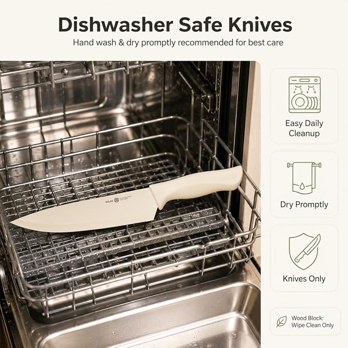 17-Piece Kitchen Knife Set with Block and Built-in Sharpener, High-carbon German Stainless Steel, Non-stick Anti-rust Coatings, Ergonomic Handles, Cream