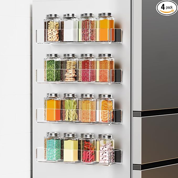 4 Pack Acrylic Spice Racks for Refrigerator and Oven, Magnetic Fridge Organizers and Storage, Clear