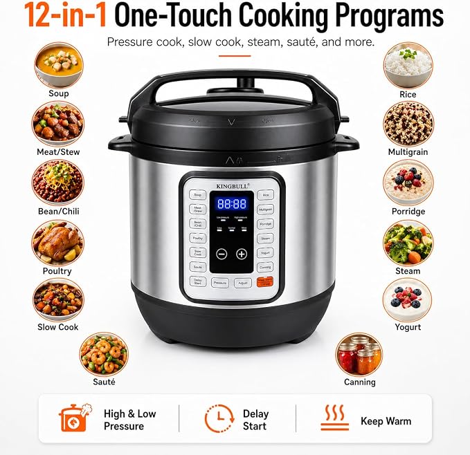 KINGBULL 6QT Electric Pressure Cooker – 12-in-1 Multi Cooker, One-Touch Programs for Rice, Soup, Meat, Steam, Yogurt, Slow Cook, Keep Warm & Delay Start