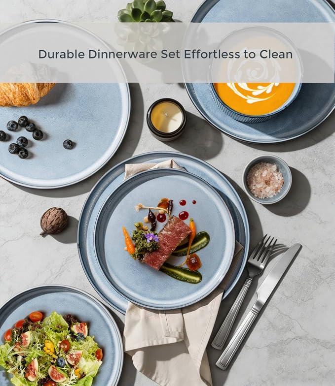 GBHOME 12-Piece Stoneware Dinnerware Set for 4 – Ribbed Ceramic Plates and Bowls, Scratch-Resistant, Microwave & Dishwasher Safe, Reactive Glaze, Deep Tidal Blue