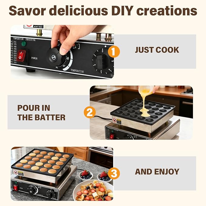 Mini Pancake Maker, 25PCS Mini Dutch Pancake Maker 110V Non-stick Adjustable Temperature Stainless Steel Commercial Pancakes Maker Machine for Home Kitchen Restaurant Snack Dessert