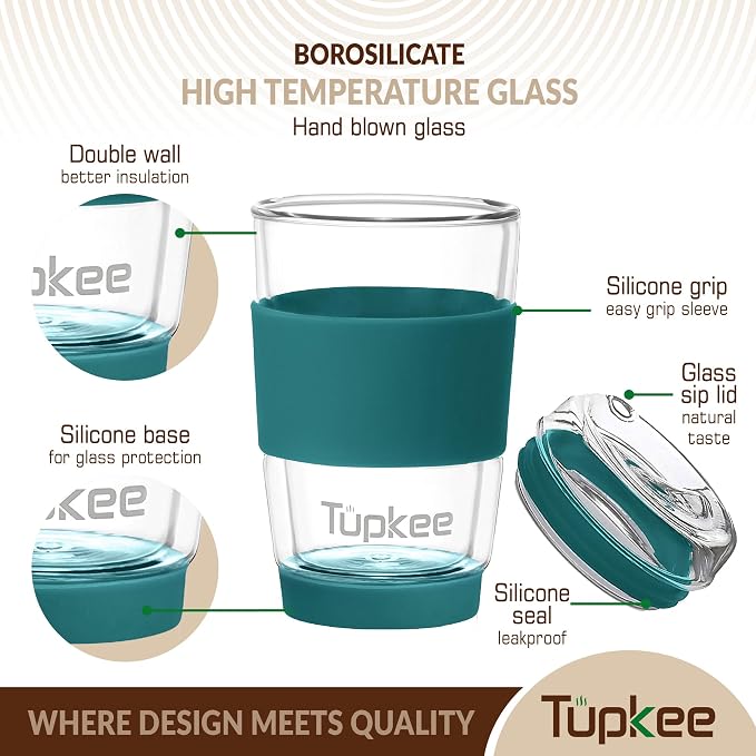 Double Wall Glass Tumbler - 8-Ounce, All Glass Reusable Insulated Tea/Coffee Mug & Lid, Hand Blown Glass Travel Mug - Cyan