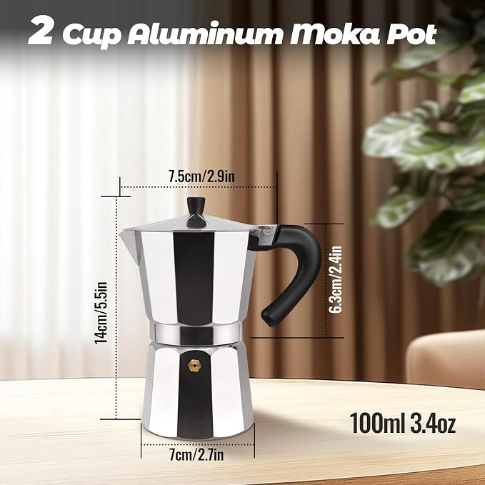 2 Cup Aluminum Moka Pot Classic Stovetop Espresso Coffee Maker 100ml 3.4oz Coffeemaker Percolator Mocha Pot Greca Coffee Maker Cafe Makers for Italian and Cuban Café Brewing Silver