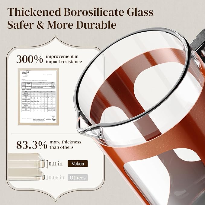 Veken French Press Coffee Maker 34oz 1 L, No Plastic Touching Cafe, Heat Resistant Thickened Borosilicate Glass, Stainless Steel Brewer, Cold Brew Cafetera Teapot for Kitchen Travel Camping, Copper